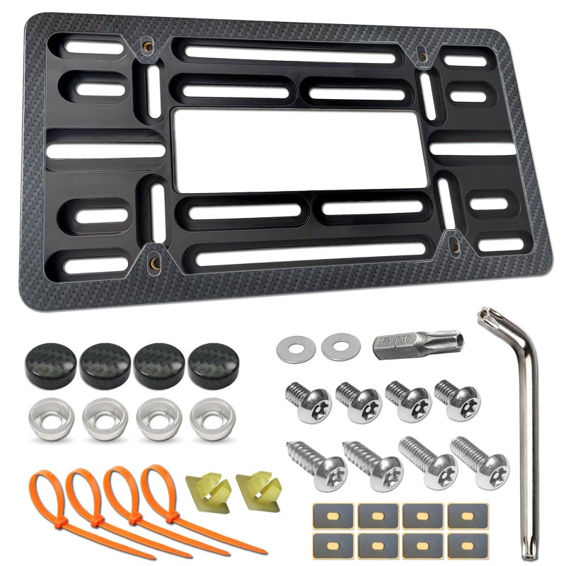 Aootf Front License Plate Mounting Kit-Universal Front Plate Holder Adapter Bumper Bracket & Carbon Fiber Style License Plate Frame, Anti-Theft Screws and Wrench Kit, for Any Vehicle Or Trailer,Truck - Image 1